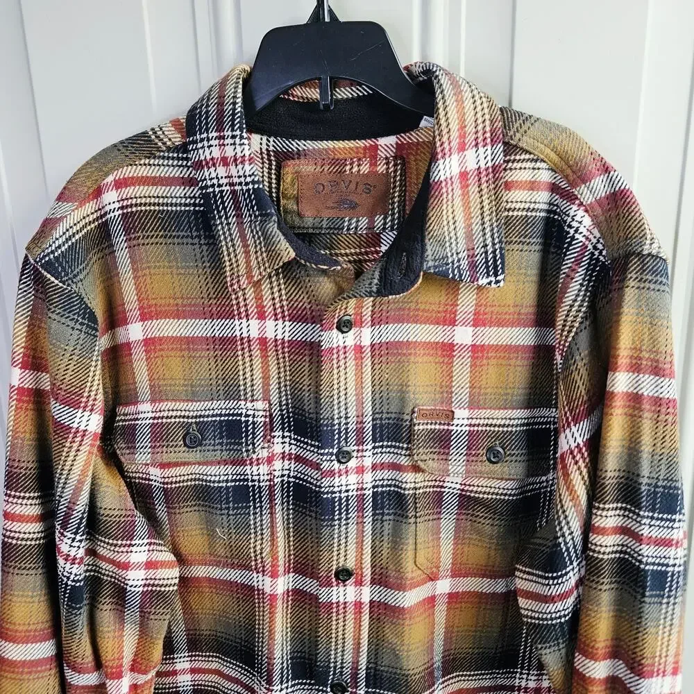 Orvis Flannel Sweater Button UP Brown Red Plaid Print Size Medium Button Pockets